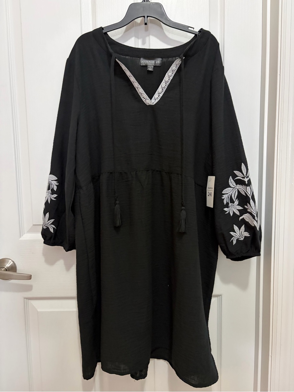 Harper Black Long-Sleeve Embroidered V-Neck Dress